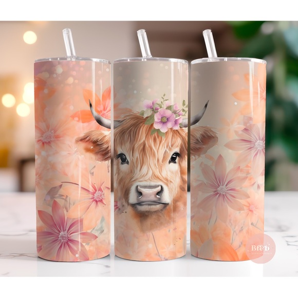 Hand Crafted Other - (1) Highland Cow Tumbler with Straws